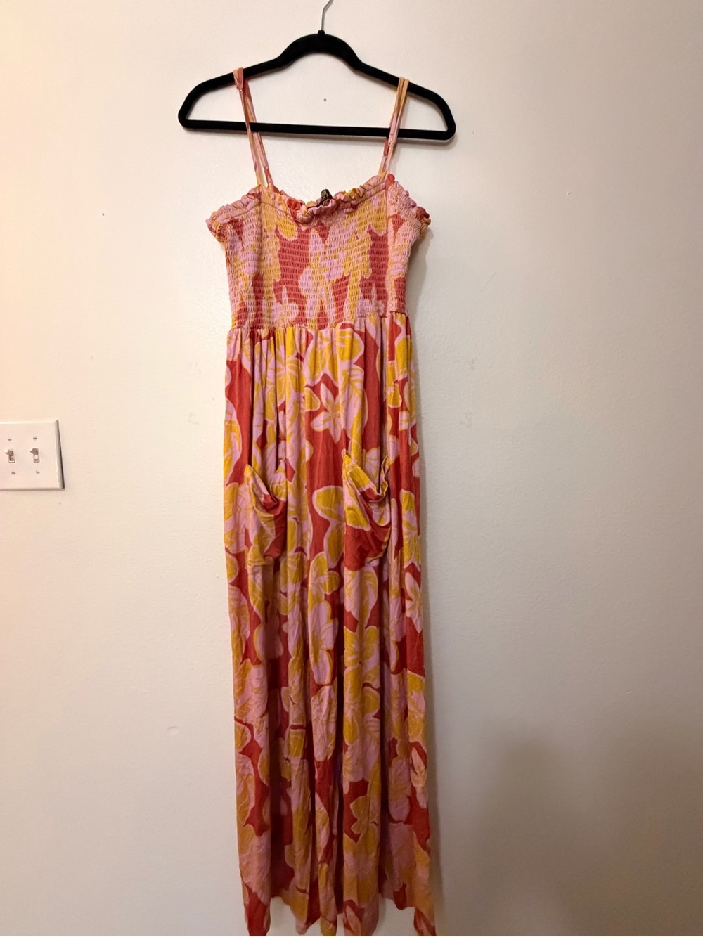 LexBreezy Hawaii Floral Smocked Wide Leg Jumpsuit Pink Yellow